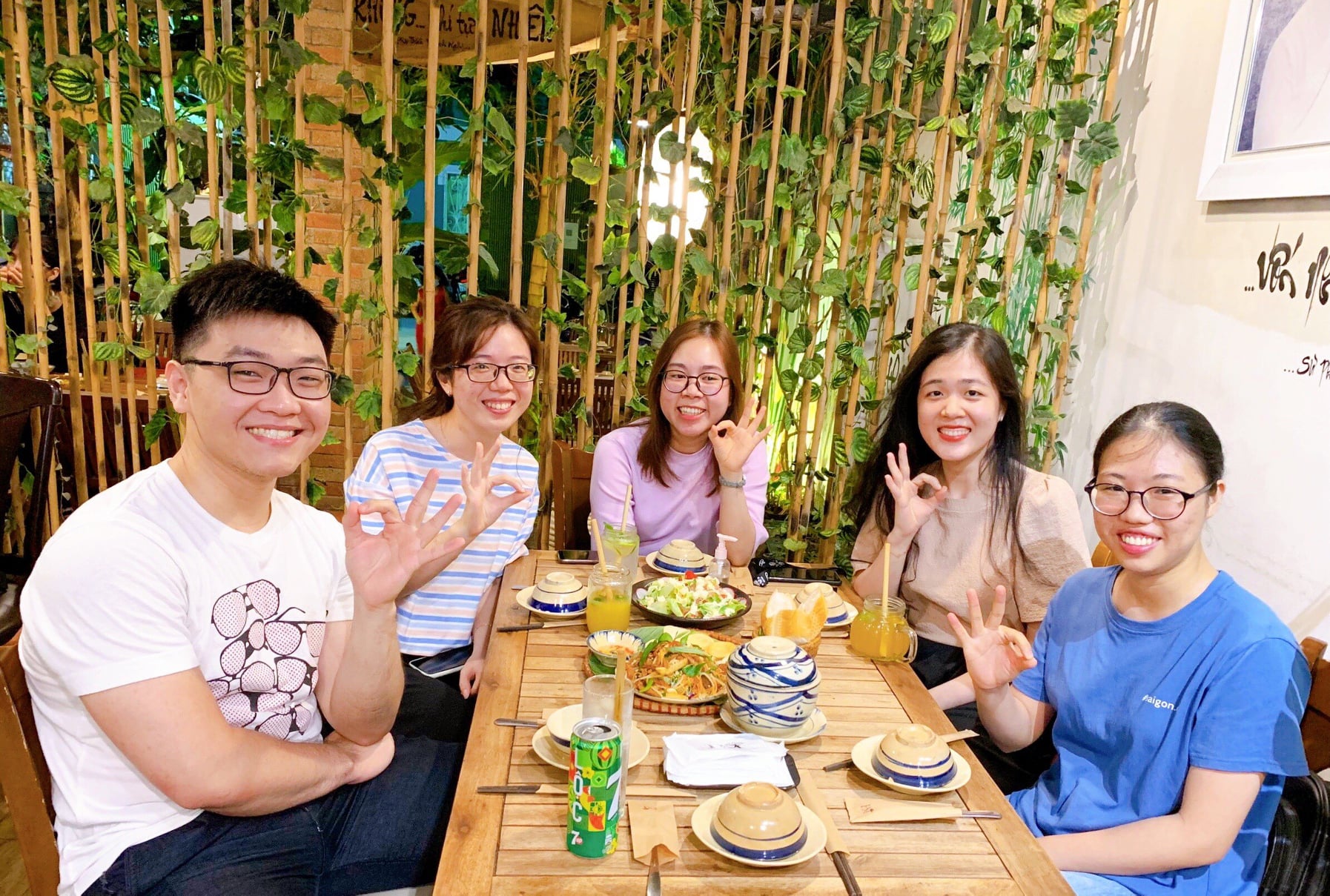 Travelers enjoying fresh plant-based dishes at Phuong Mai Vegetarian Restaurant in District 1 Ho Chi Minh City
