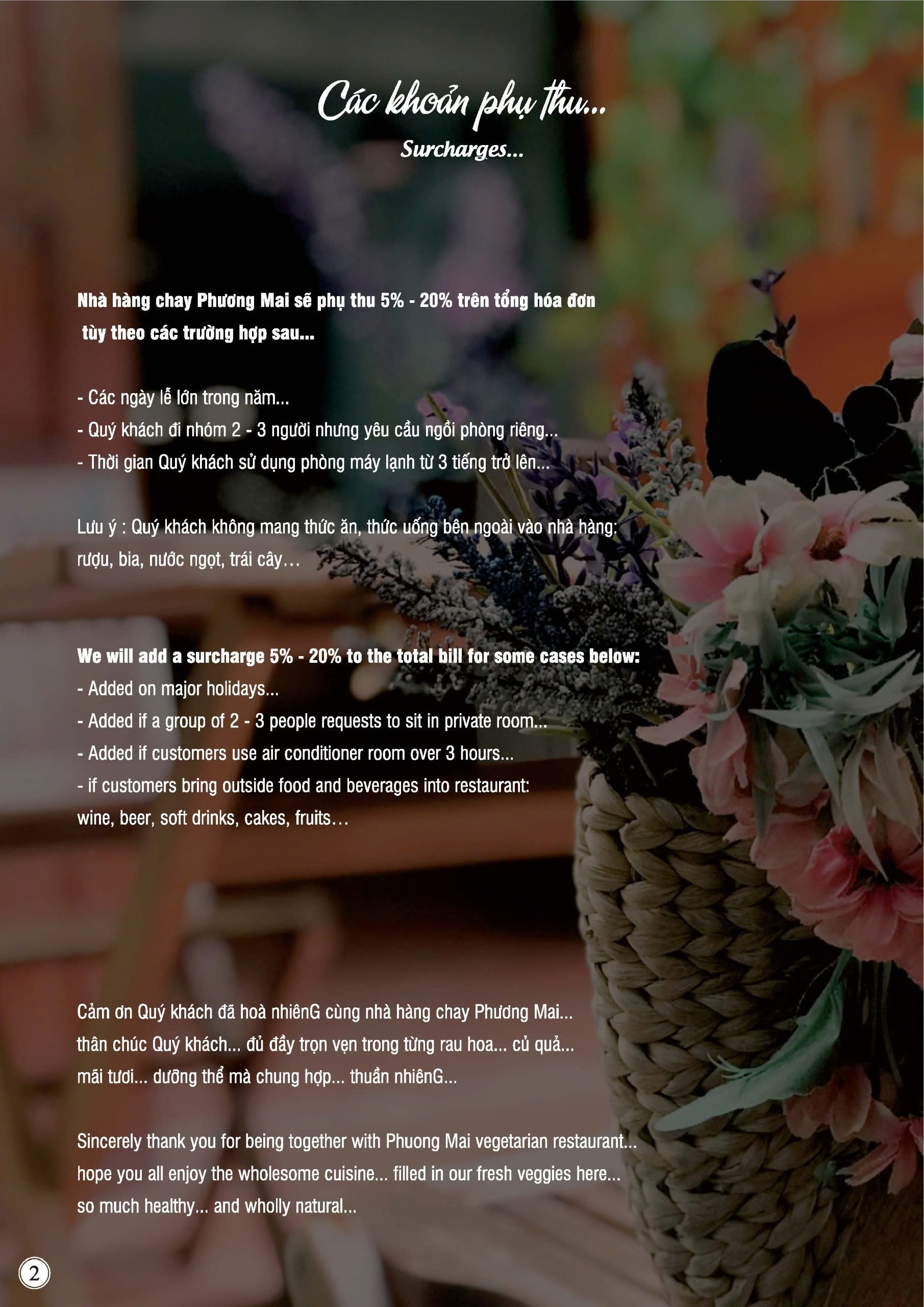 Trang chính sách phụ thu Nhà hàng chay Phương Mai – quy định phí phục vụ, phụ thu ngày lễ và điều khoản đặt bàn