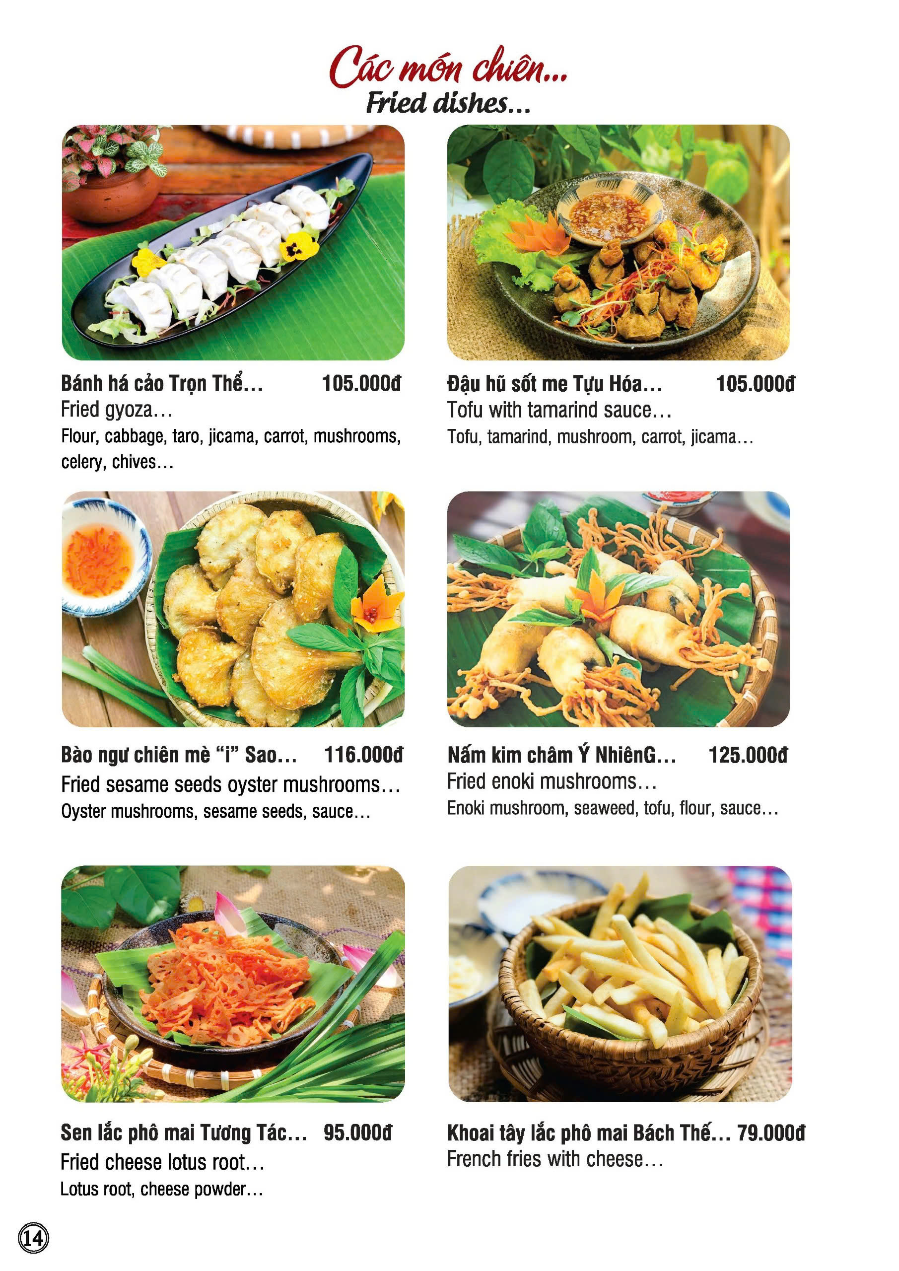 Trang menu món chiên Nhà hàng chay Phương Mai với hình ảnh thực tế từng món