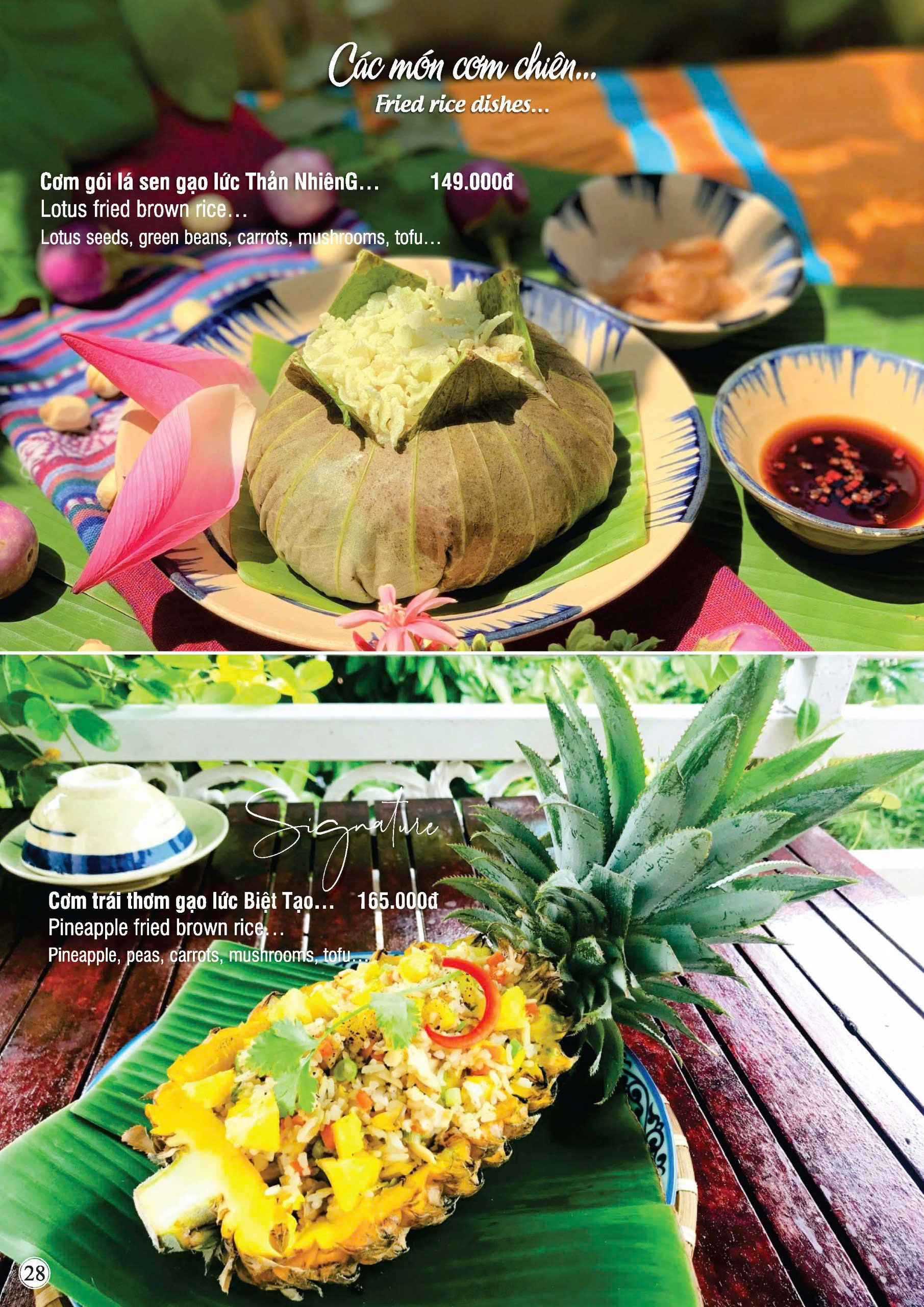 Trang 28 menu Nhà hàng chay Phương Mai với các món cơm chiên chay trong thực đơn chay ngon quận 1 kèm hình ảnh và giá chi tiết