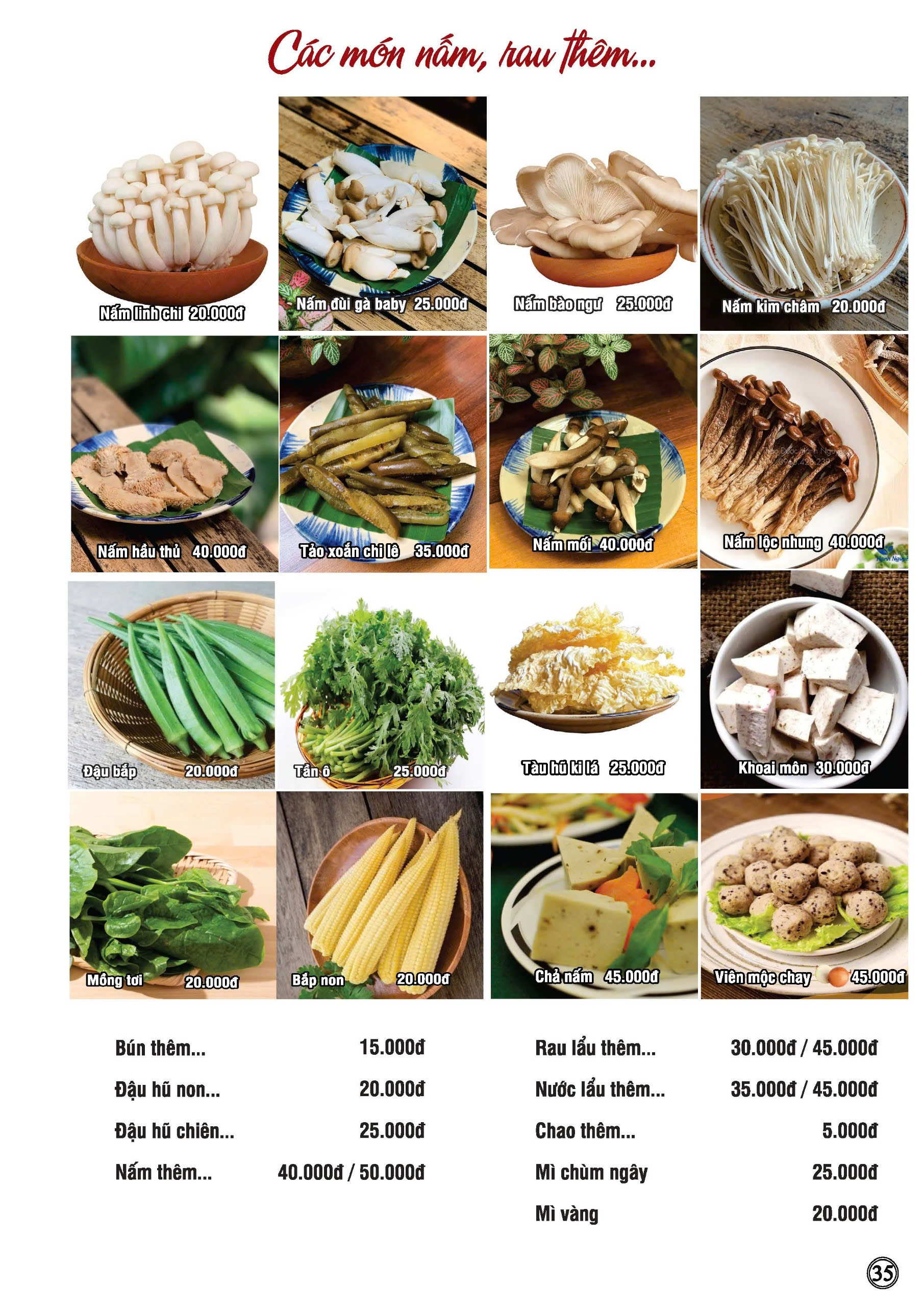 Trang 35 menu Nhà hàng chay Phương Mai với topping rau nấm ăn kèm lẩu trong thực đơn chay ngon quận 1 kèm hình ảnh và giá chi tiết