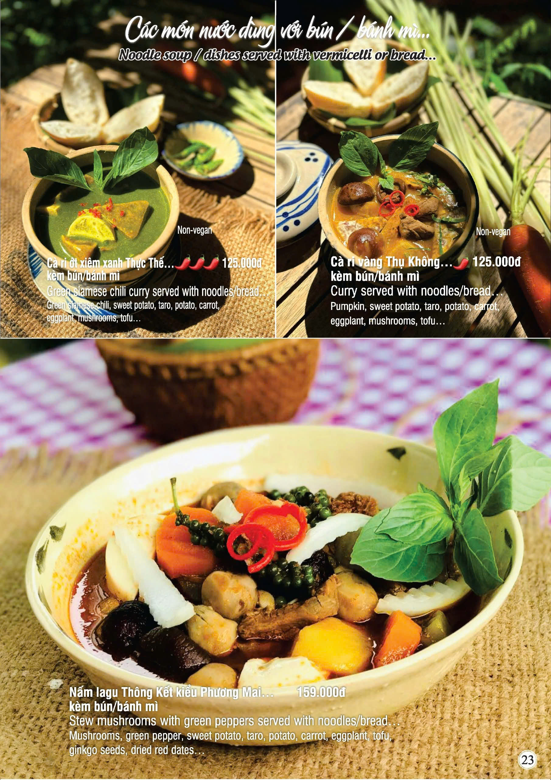 Trang 23 menu Nhà hàng chay Phương Mai với các món bún chay, bánh mì chay và món nước dùng thanh ngọt từ rau củ kèm giá và mô tả chi tiết