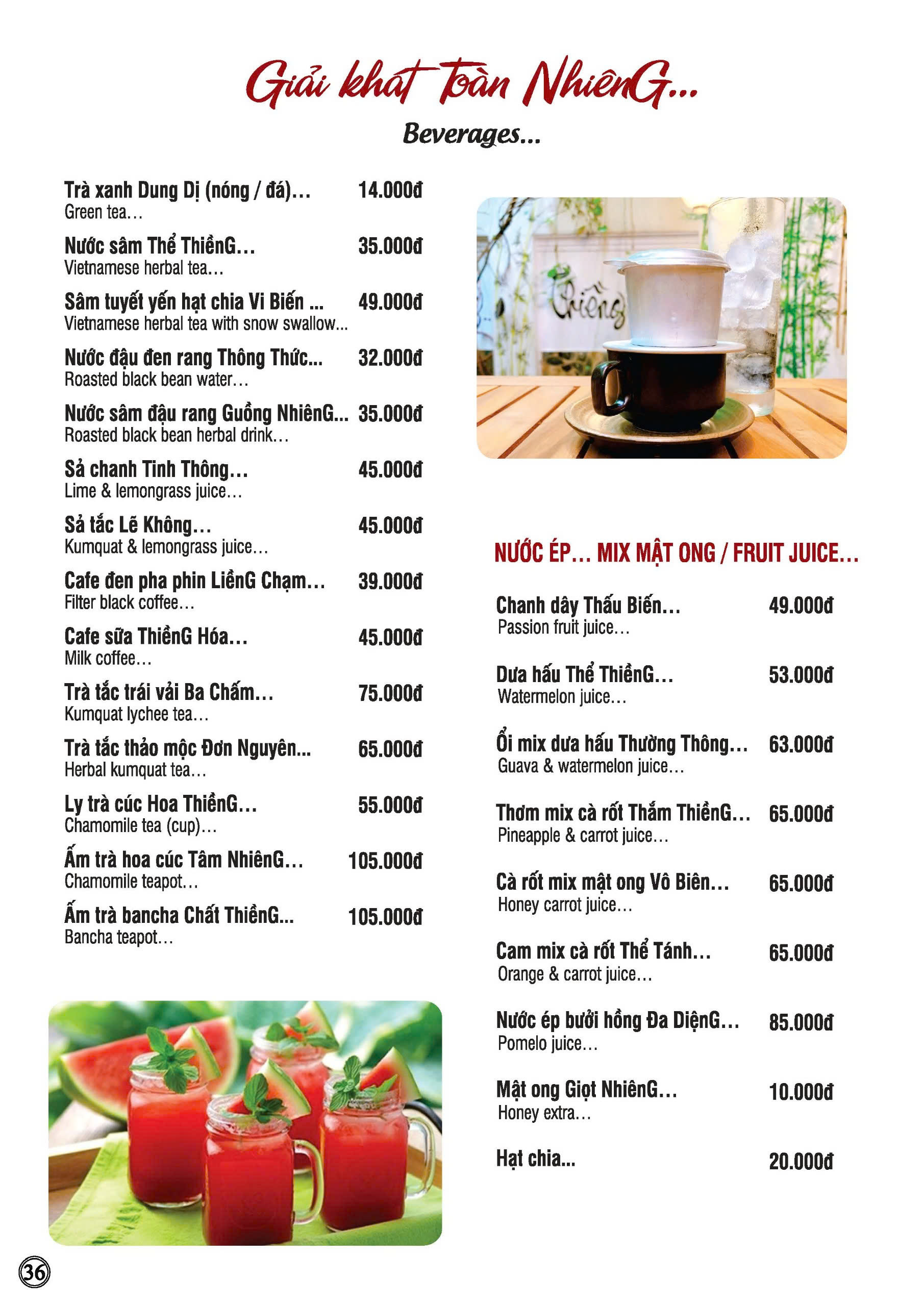 Trang 36 menu Nhà hàng chay Phương Mai với các loại nước giải khát trong thực đơn chay ngon quận 1 kèm hình ảnh và giá chi tiết