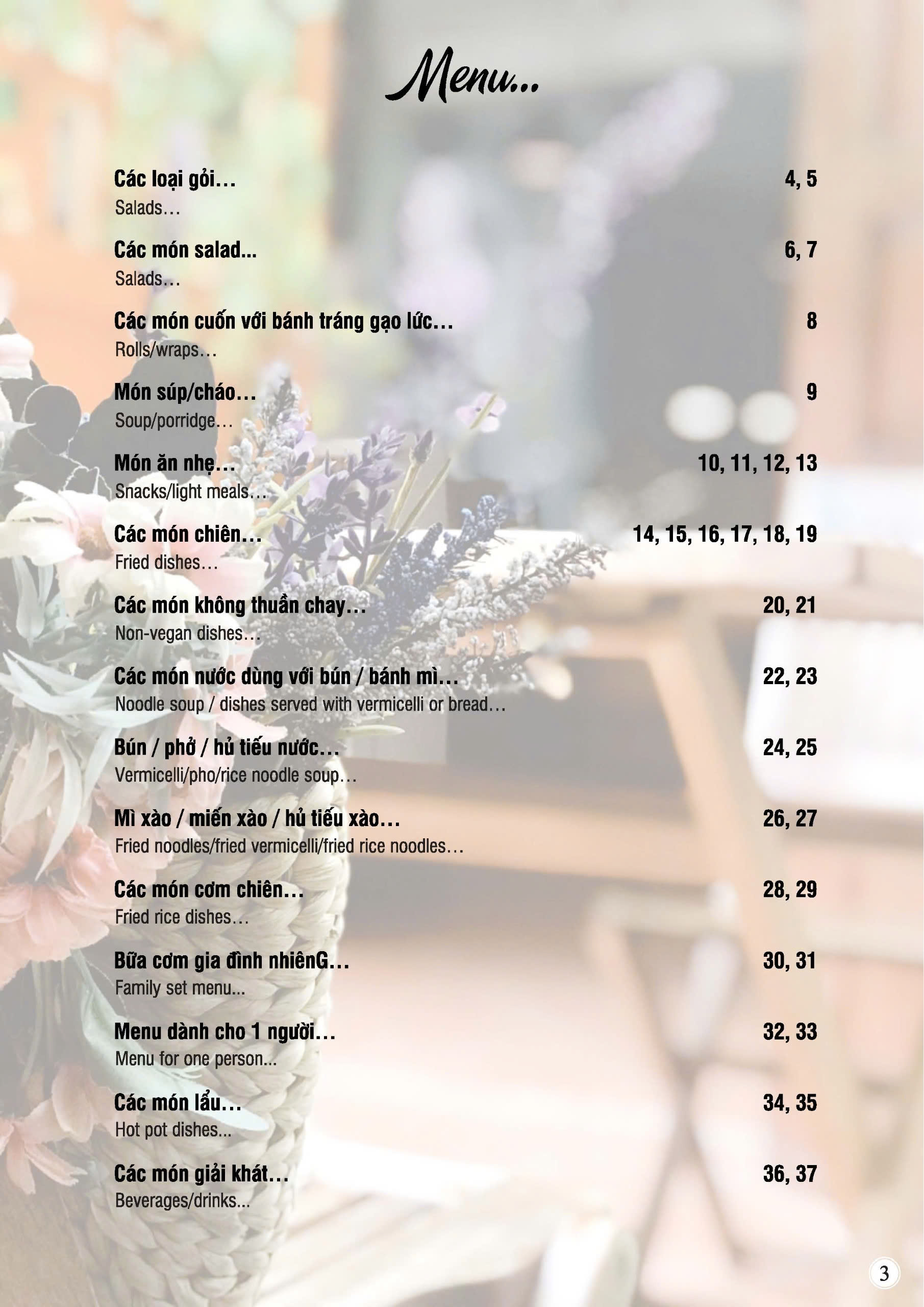 Mục lục menu Nhà hàng chay Phương Mai với các danh mục món chay như lẩu chay, cơm chay, gỏi chay, món chiên và nước uống